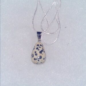 Boho hippie Dalmatian Jasper Tear Drop Leopard 🐆 Print Silver 18” Neckla…
